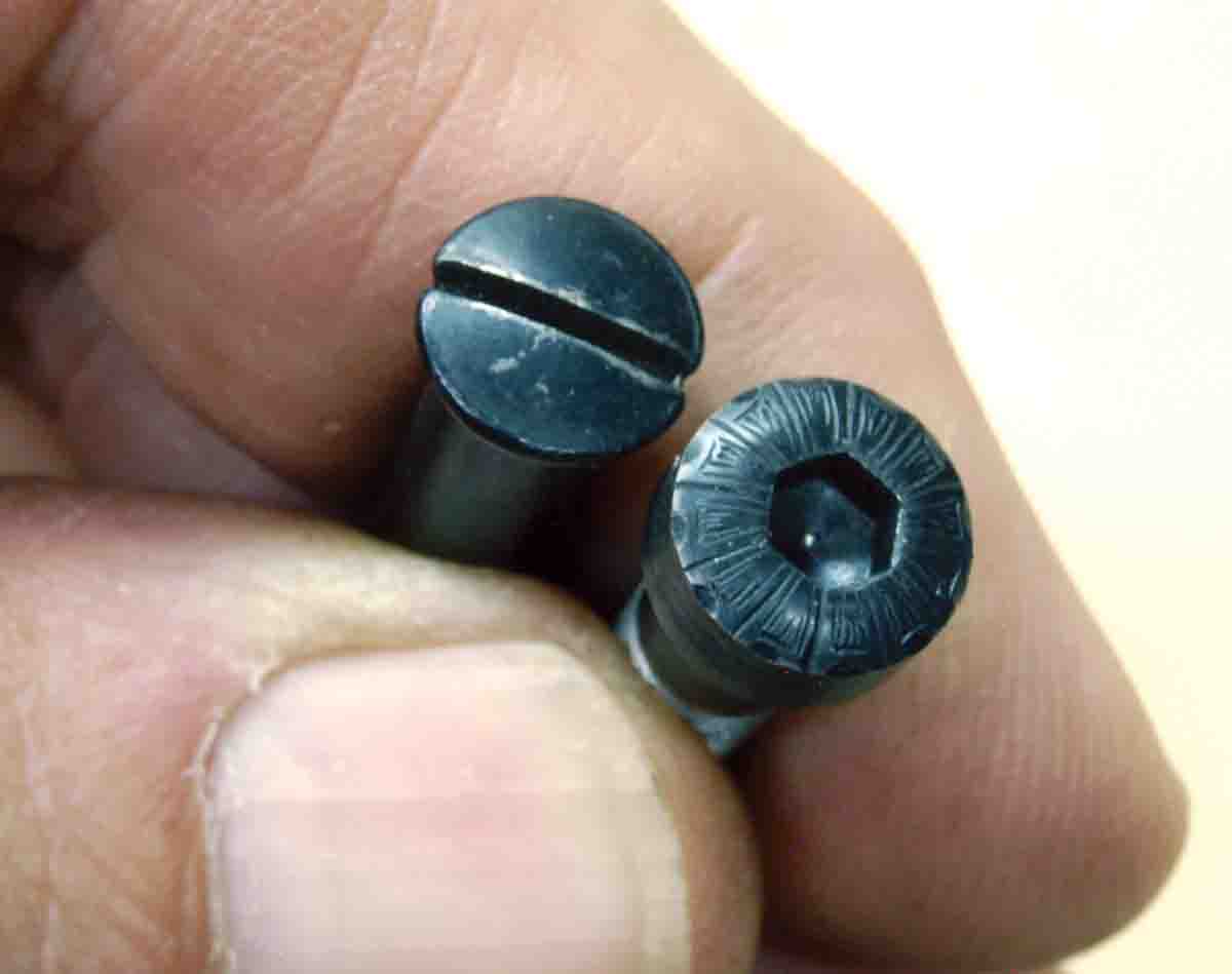 A slotted guard screw (left) as compared to a socket-head screw.